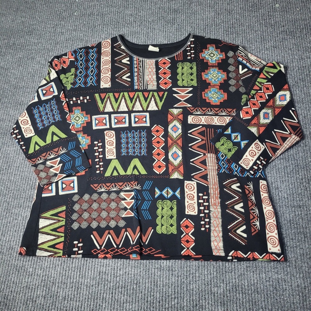 Jess & Jane‎ Top Womens M Colorful Geometric Artsy Eclectic 3/4 Sleeve
